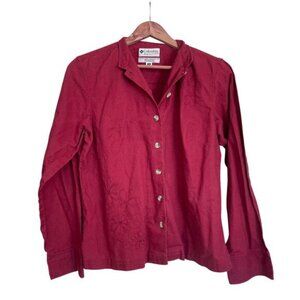 Vintage Columbia Women’s Embroidered Red Linen Button Down Shirt Size Medium